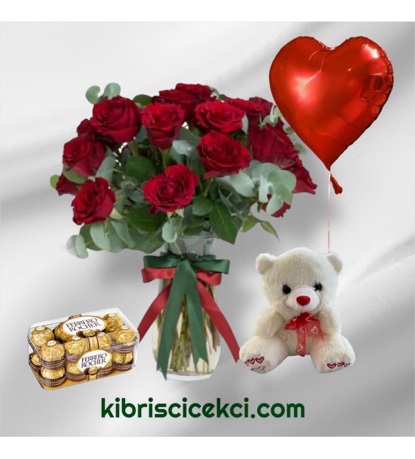 Vazoda 17 Kırmızı Gül Ayıcık 16'lı Ferrero Çikolata Kalp Helyum Balon